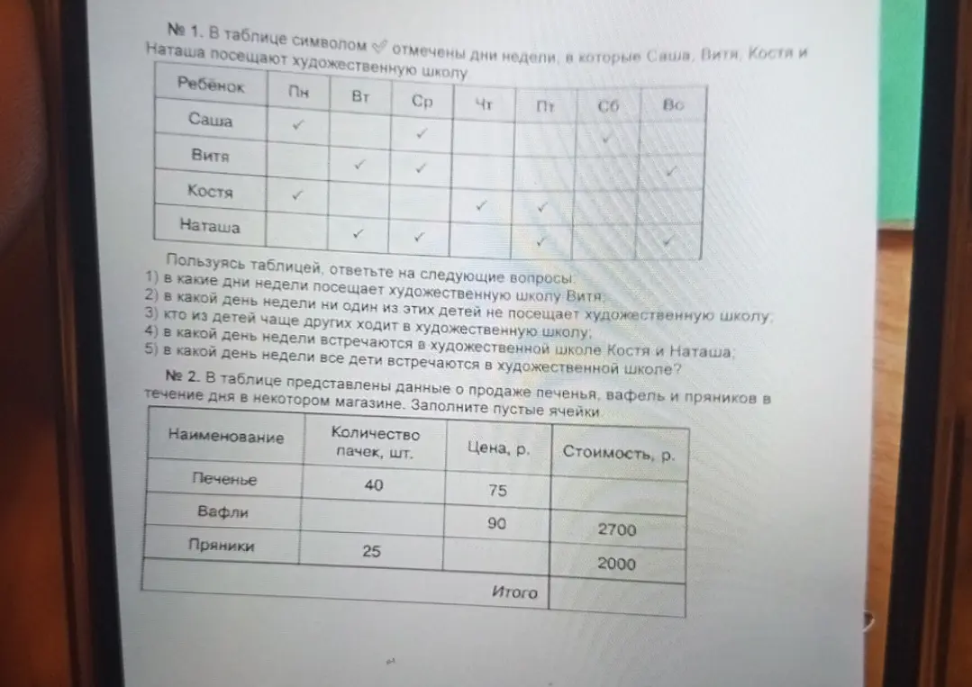 Можешь ли ты помочь мне ответить на вопросы по таблице с днями посещения художественной школы и заполнить пустые ячейки в таблице с продажами сладостей?