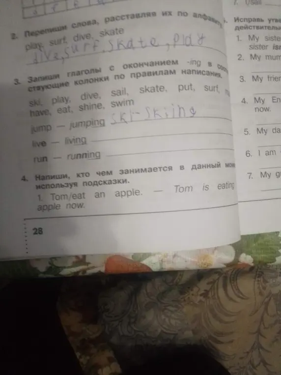 Рассортируй слова по алфавиту: play, surf, dive, skate.