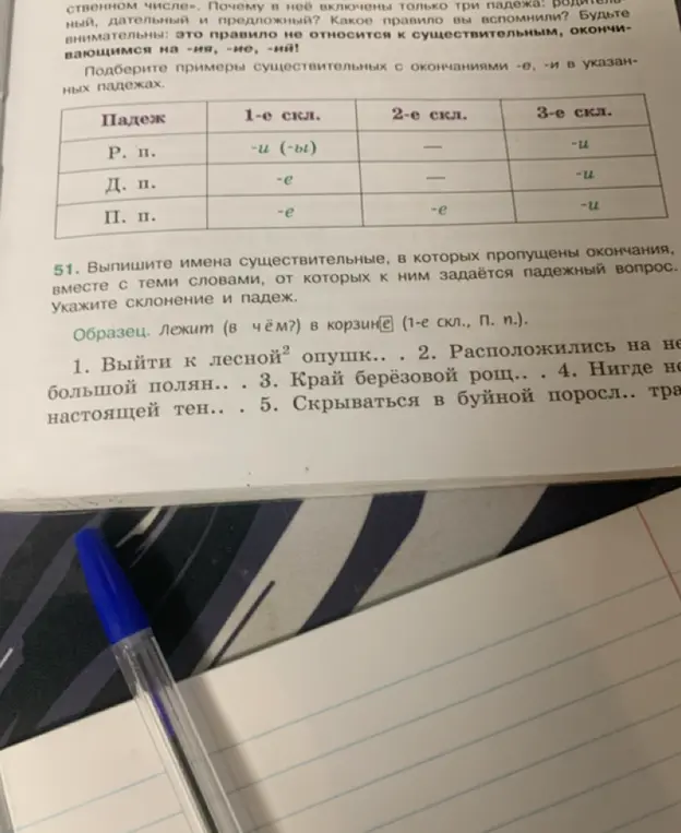 Выпиши имена существительные, в которых пропущены окончания вместе с теми словами, от которых к ним задаётся падежный вопрос и укажи склонение и падеж в предложении 'Выйти к лесной опушк...'