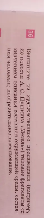 Выпиши из повести А. С. Пушкина «Метель» типовые фрагменты со значением описания состояния окружающей среды, состояния человека; изобразительное повествование