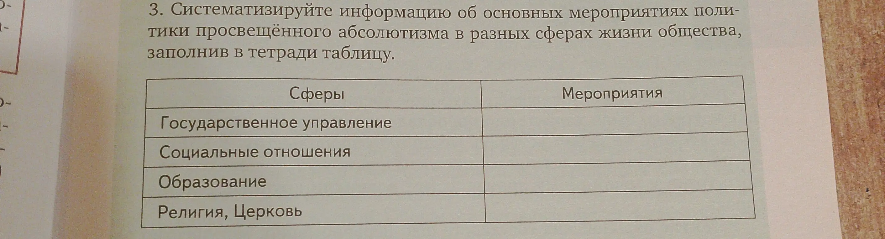 Составь таблицу об основных мероприятиях политики просвещённого абсолютизма в разных сферах жизни общества