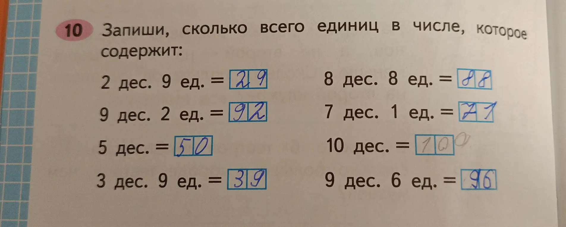 Запиши, сколько всего единиц в числе, которое содержит 2 дес. 9 ед.