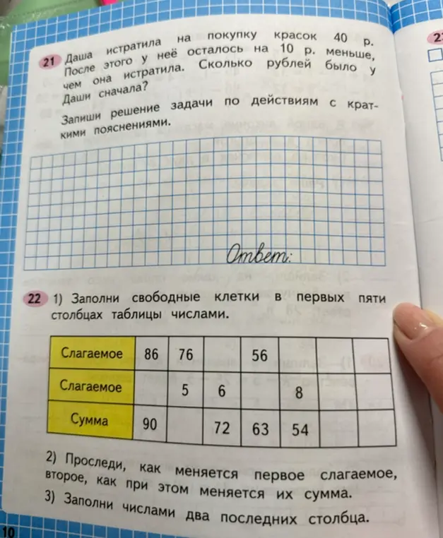 Реши задачу про Дашу, которая потратила деньги на краски, и заполни таблицу слагаемыми и суммами
