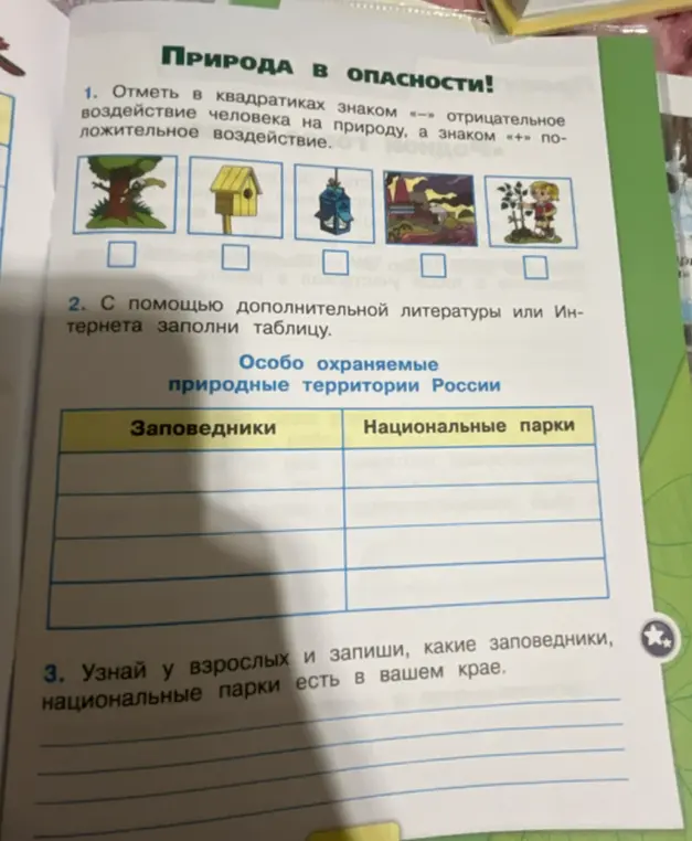 Ты просишь отметить в квадратиках знаком «-» отрицательное воздействие человека на природу, а знаком «+» положительное воздействие.