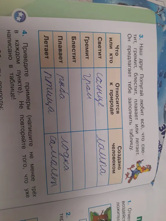 Предложи заполнить таблицу, определив, что относится к природе и что создано человеком. Приведи примеры.