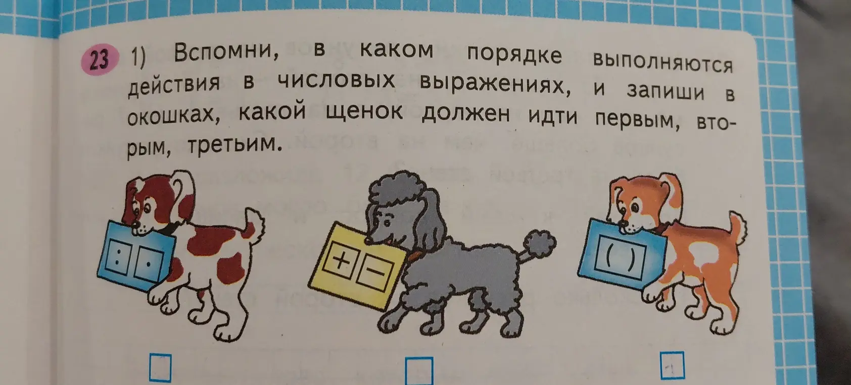 Объясни, в каком порядке выполняются действия в числовых выражениях, и запиши, какой щенок должен идти первым, вторым, третьим