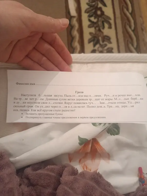 Ты просишь вставить пропущенные буквы и подчеркнуть главные члены предложения в тексте про грозу.