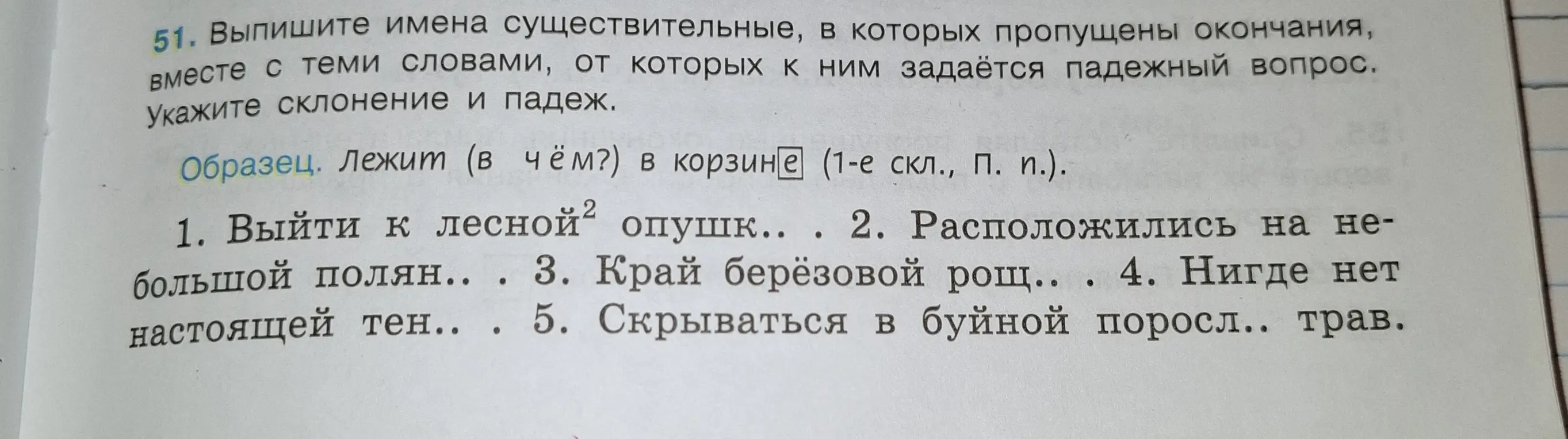 Ты просишь выписать имена существительные, в которых пропущены окончания, вместе с теми словами, от которых к ним задаётся падежный вопрос, указать склонение и падеж в упражнении 1.
