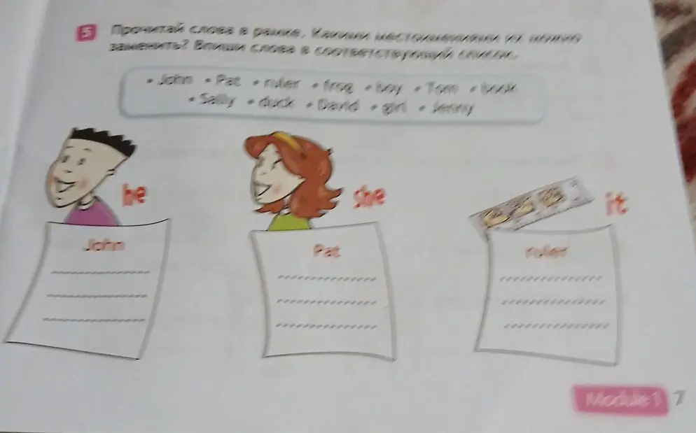 Предложи слова в рамке заменить местоимениями и вписать в соответствующий список.