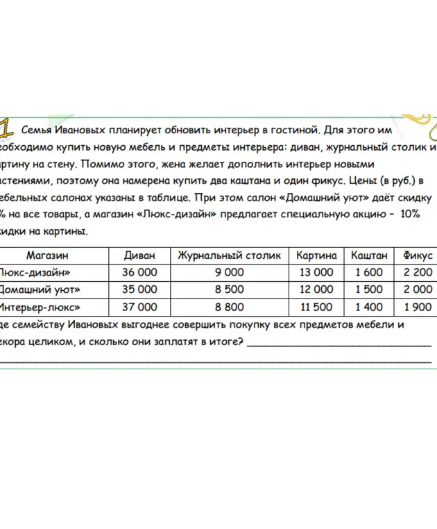 Где семье Ивановых выгоднее совершить покупку всех предметов мебели и декора целиком, и сколько они заплатят в итоге?