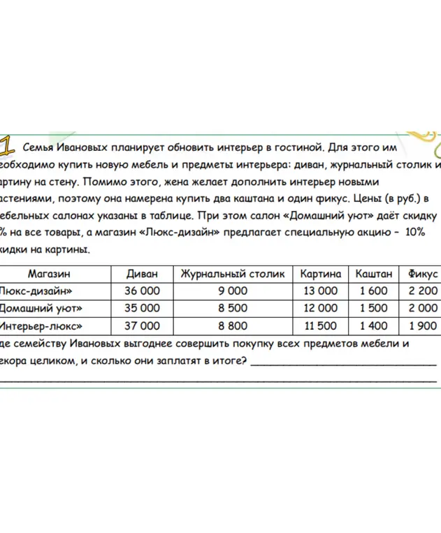 Определи, где семье Ивановых выгоднее совершить покупку всех предметов мебели и декора целиком, и сколько они заплатят в итоге