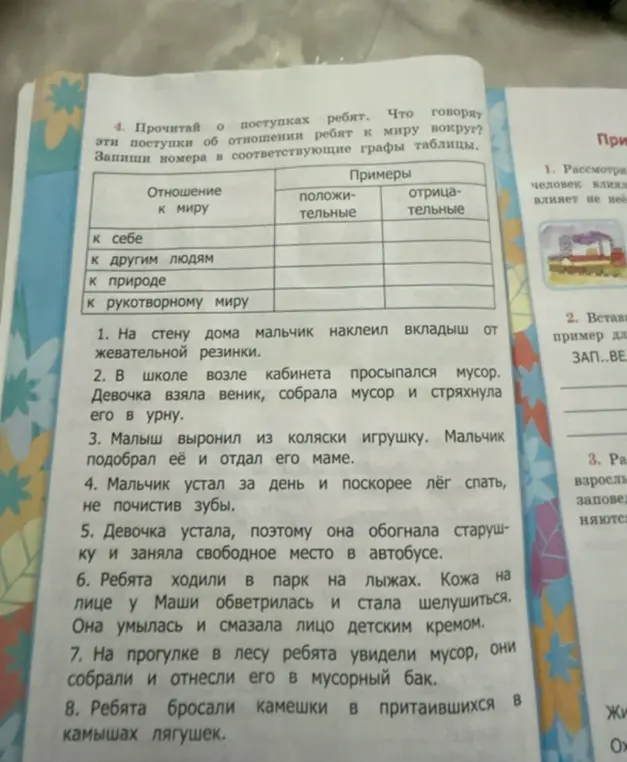 Заполни таблицу примерами положительного и отрицательного отношения ребят к миру вокруг.