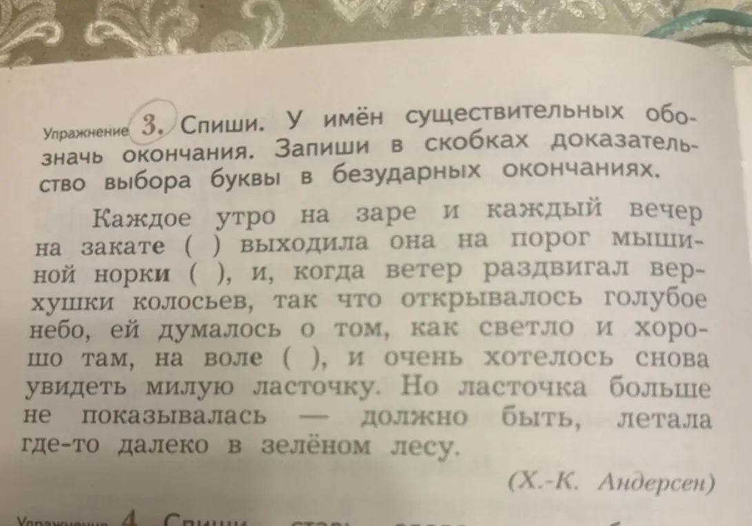 Спиши, у имён существительных обозначь окончания. Запиши в скобках доказательство выбора буквы в безударных окончаниях.