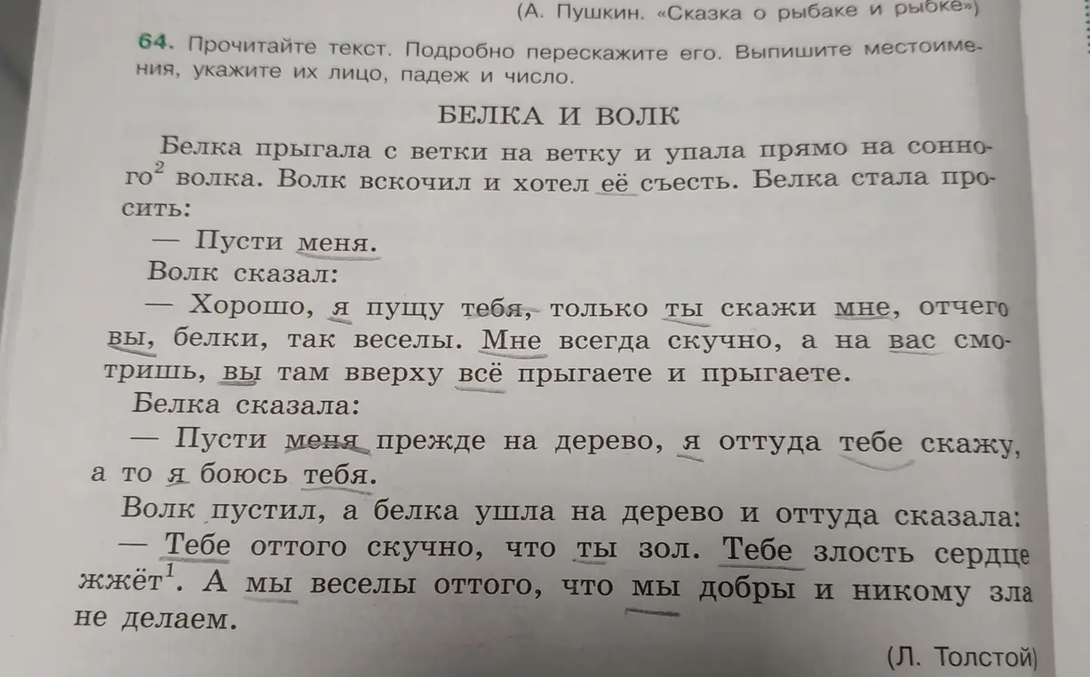 Выпиши местоимения из текста "Белка и волк", укажи их лицо, падеж и число