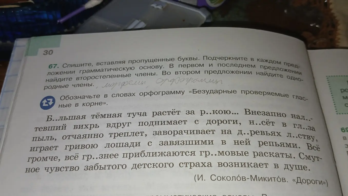 Помоги списать текст, вставляя пропущенные буквы и в каждом предложении выделить грамматическую основу и выделить морфемы