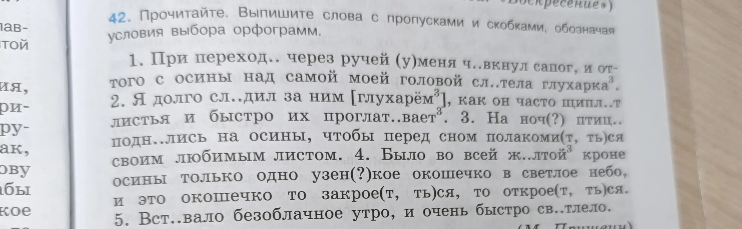 Помоги мне выписать из текста слова с пропусками и скобками, обозначая условия выбора орфограмм