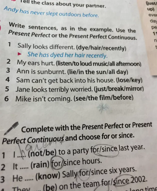 Ты просишь меня заполнить пропуски в предложениях, используя Present Perfect или Present Perfect Continuous и выбрать for или since в английском языке в заданиях 1, 2, 3 и 4