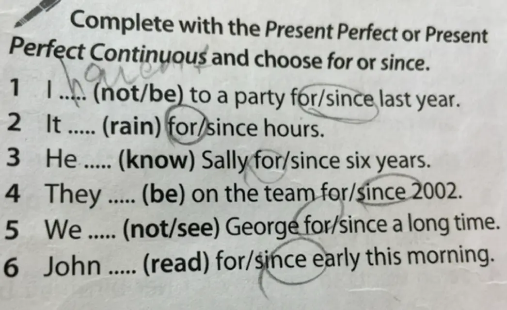 Выполни упражнение: заполни пропуски, используя Present Perfect или Present Perfect Continuous, и выбери for или since в предложении: I (not/be) to a party for/since last year.