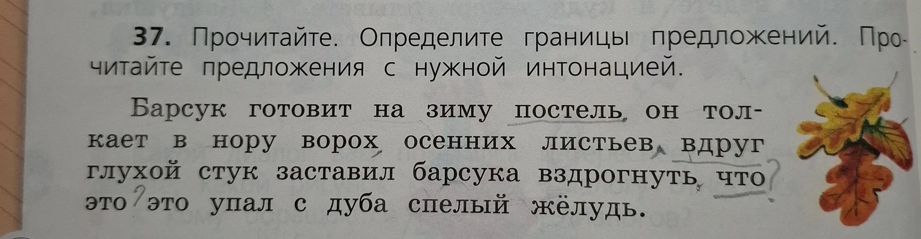 Определи границы предложений в тексте: 'Барсук готовит на зиму постель, он тол- кает в нору ворох осенних листьев вдруг глухой стук заставил барсука вздрогнуть что? это? это упал с дуба спелый жёлудь.'