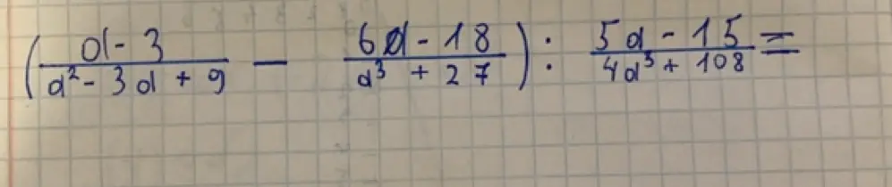 Ты просишь упростить выражение ( (6a-3)/(a^2-3a+9) - (6a-18)/(a^3+27) ) * (5a-15)/(4a^3+108)