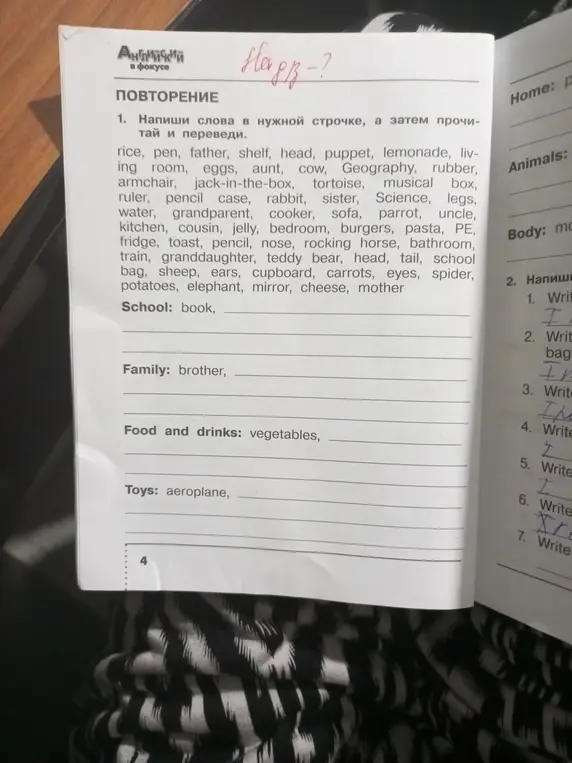 Помоги написать слова в нужной строчке и перевести их