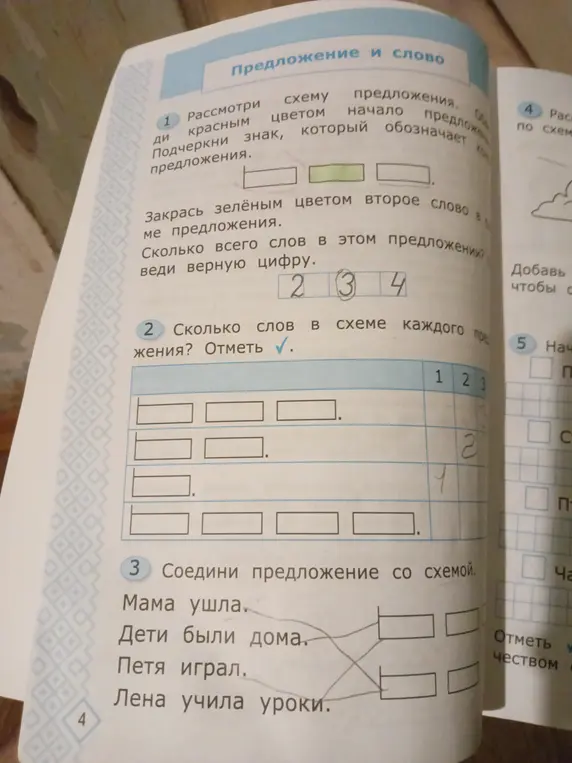 Рассмотри схему предложения и подчеркни знак, который обозначает конец предложения.
