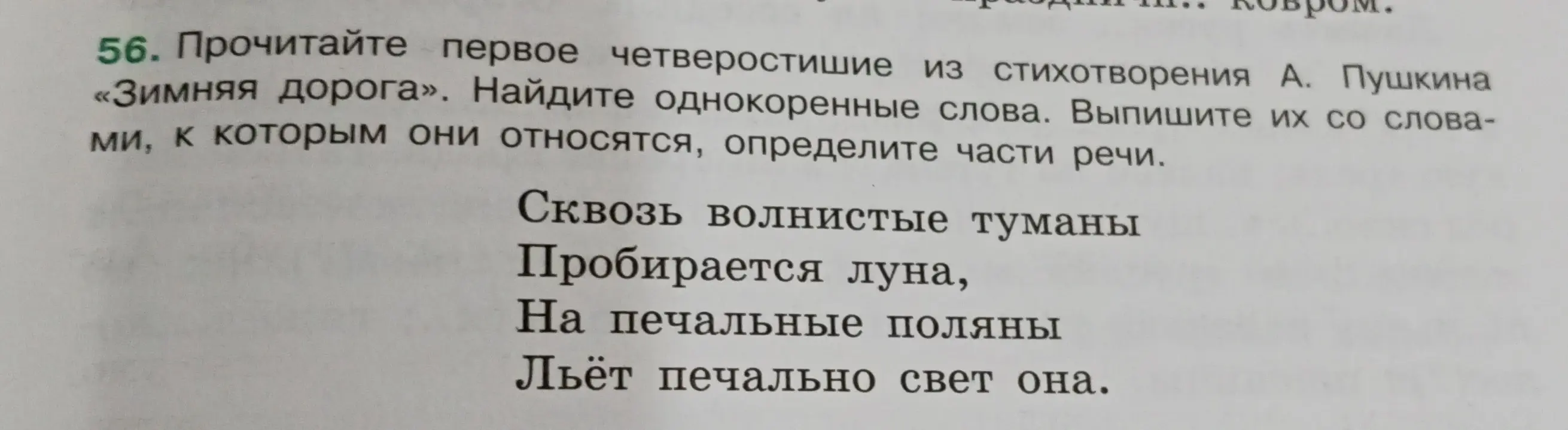 Найди однокоренные слова в первом четверостишии из стихотворения А. Пушкина «Зимняя дорога». Выпиши их со словами, к которым они относятся, определи части речи.