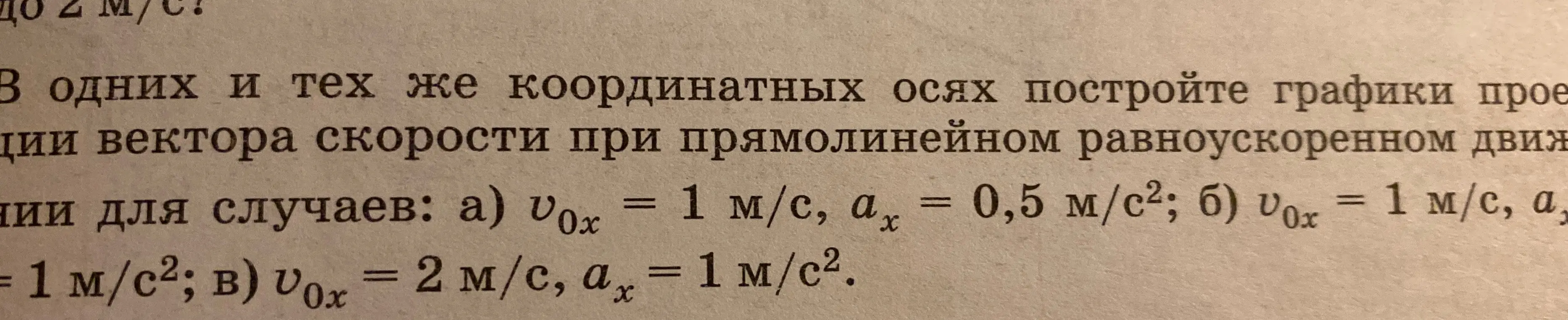 Можешь ли ты построить графики проекции вектора скорости при прямолинейном равноускоренном движении для случаев a) v0x = 1 м/с, ах = 0,5 м/с²