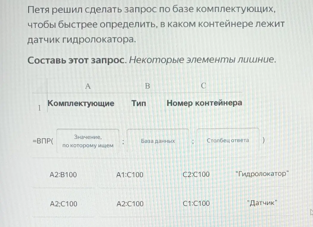 Как составить запрос по базе комплектующих, чтобы определить, в каком контейнере лежит датчик гидролокатора?