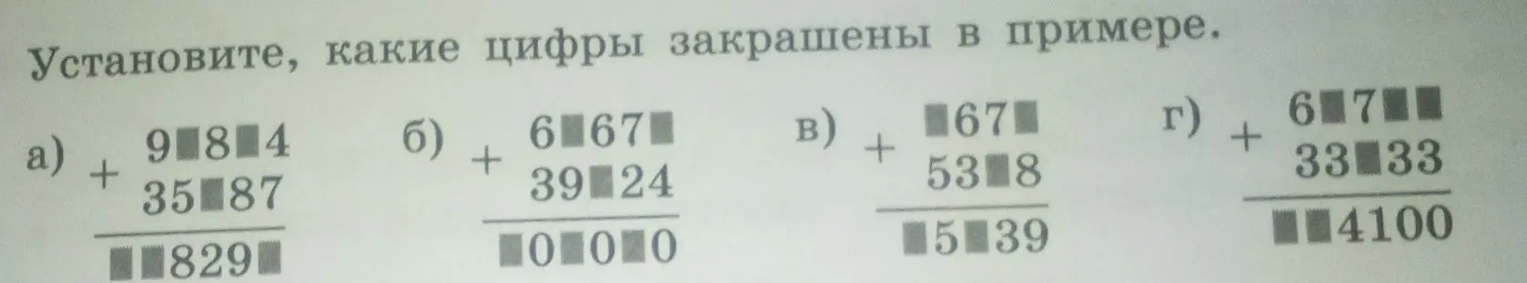 Определи, какие цифры закрашены в примере 984 + 3587 = 829