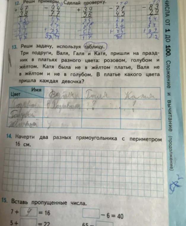 Реши задачу, используя таблицу: Три подруги, Валя, Галя и Катя, пришли на праздник в платьях разного цвета: розовом, голубом и жёлтом