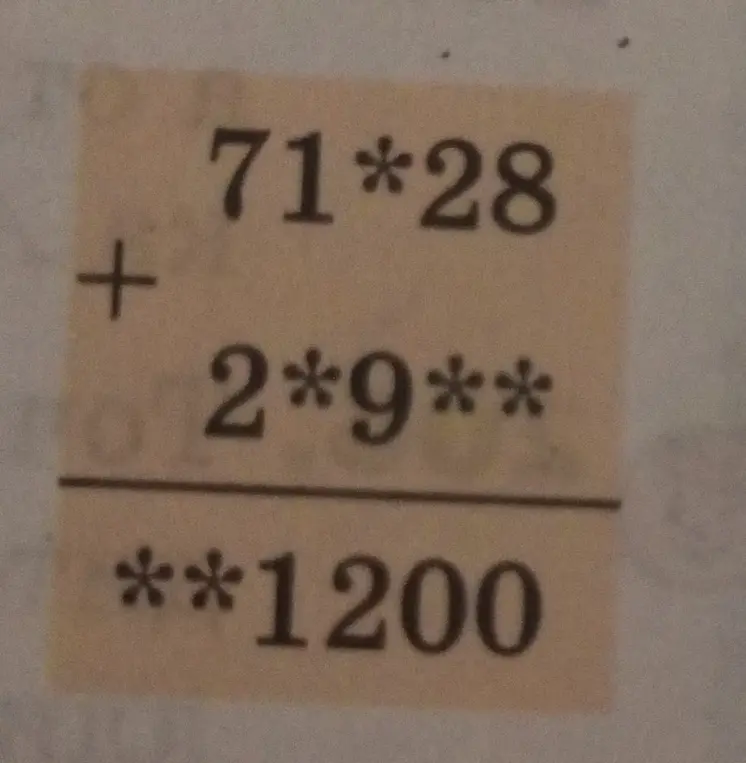Какие цифры нужно вставить в примере 71*28 + 2*9** = **1200?