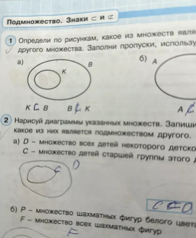 Определи по рисункам, какое из множеств является другого множества и нарисуй диаграммы указанных множеств