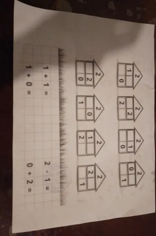 Реши примеры: 1 + 0, 1 + 1, 0 + 2, 2 - 1. Заполни домики, вписав число, которое получится, если сложить числа внизу домика