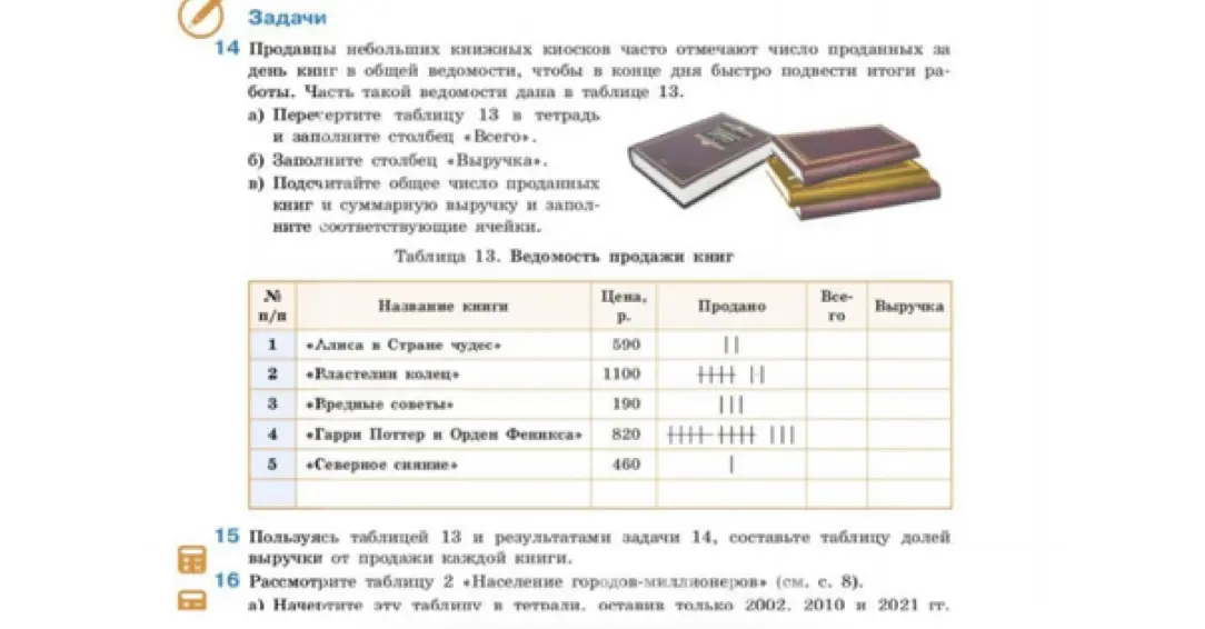 Можешь помочь решить задачу 14: перечертить таблицу 13 в тетрадь и заполнить столбец «Всего»?