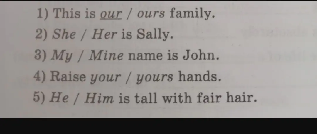 Выбери правильный вариант местоимения в предложении 'This is our / ours family.'
