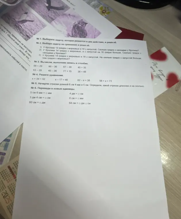 Выполни задачу на сравнение, вычисли столбиком, реши уравнения, определи, какой отрезок длиннее, переведи в новые единицы