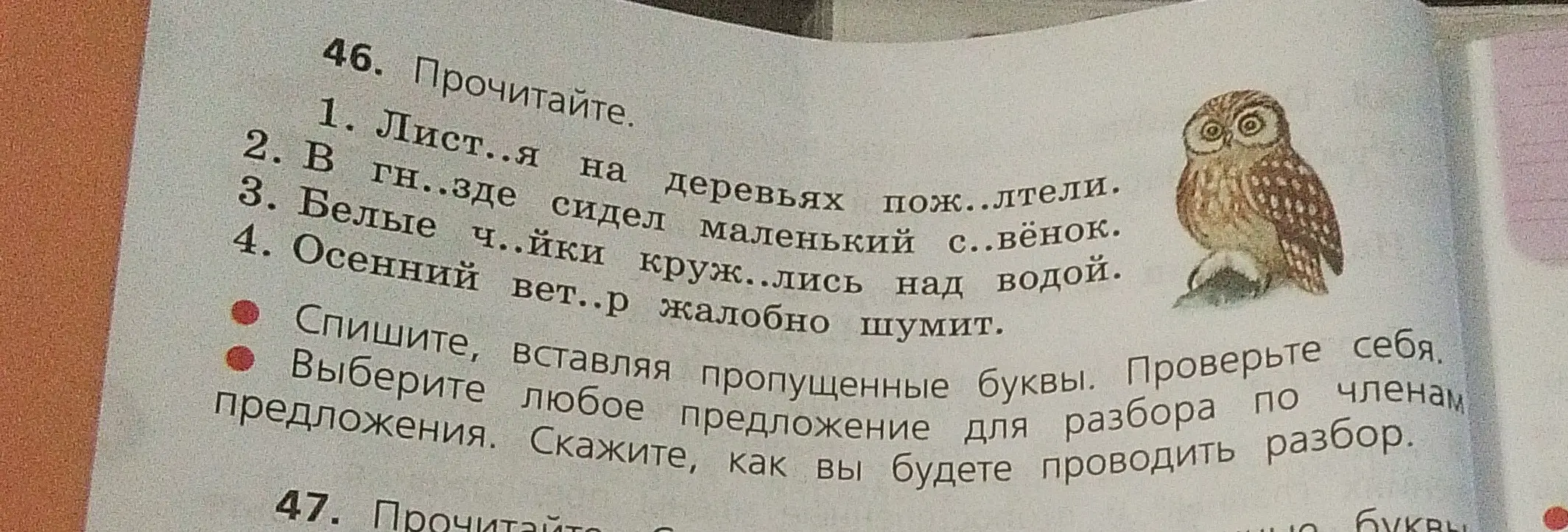 Вставь пропущенные буквы в слова и выбери любое предложение для разбора по членам предложения