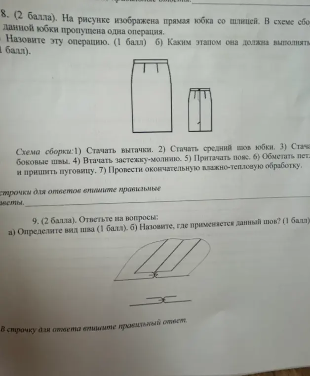 Можешь подсказать, какая операция пропущена в схеме сборки прямой юбки со шлицей и каким этапом она должна выполняться? Также нужно определить вид шва и назвать, где он применяется.