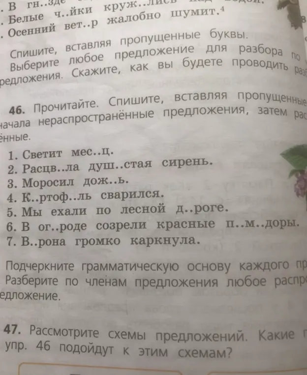 Прочитай, спиши, вставляя пропущенные в словах буквы в упражнении 46