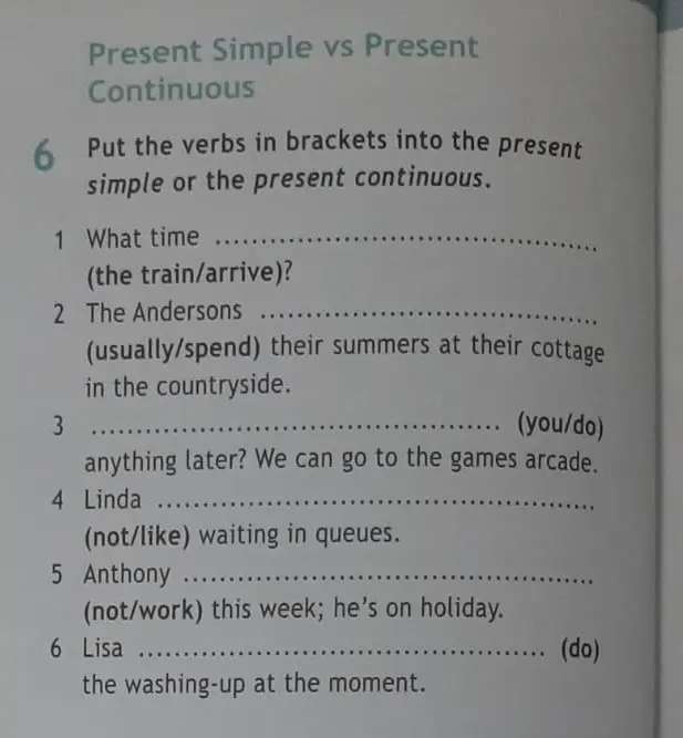 Ты просишь вставить глаголы в скобках в Present Simple или Present Continuous в предложениях.