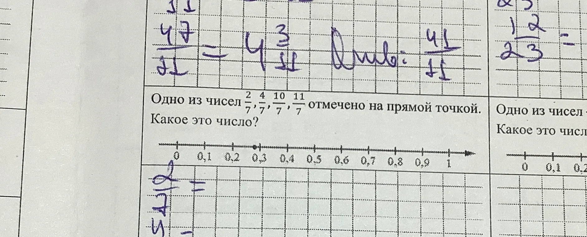 Определи, какое из чисел $\frac{2}{7}$, $\frac{4}{7}$, $\frac{10}{7}$ и $\frac{11}{7}$ отмечено на прямой точкой.
