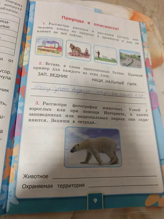 Вставь пропущенные буквы в слова 'ЗАП..ВЕДНИК' и 'НАЦИ..НАЛЬНЫЙ ПАРК'