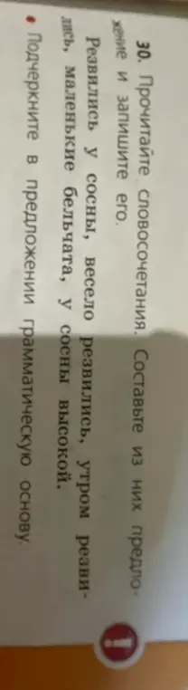 Составь предложение и подчеркни грамматическую основу в предложении 'Резвились у сосны, весело резвились, утром резвились, маленькие бельчата, у сосны высокой'