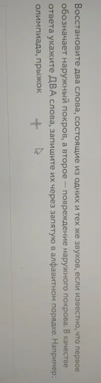 Предложи два слова, состоящие из одних и тех же звуков, если известно, что первое обозначает наружный покров, а второе — повреждение наружного покрова.