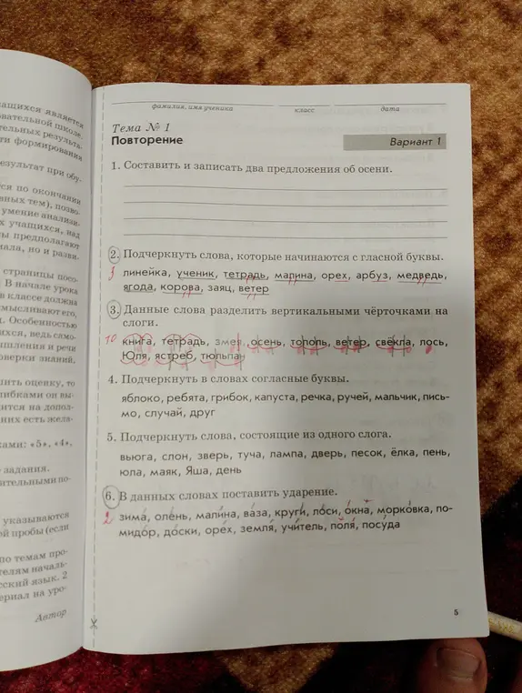 Выполни для меня задания: подчеркни слова на гласную букву, раздели слова на слоги, подчеркни согласные буквы в словах, подчеркни слова из одного слога, поставь ударение в словах