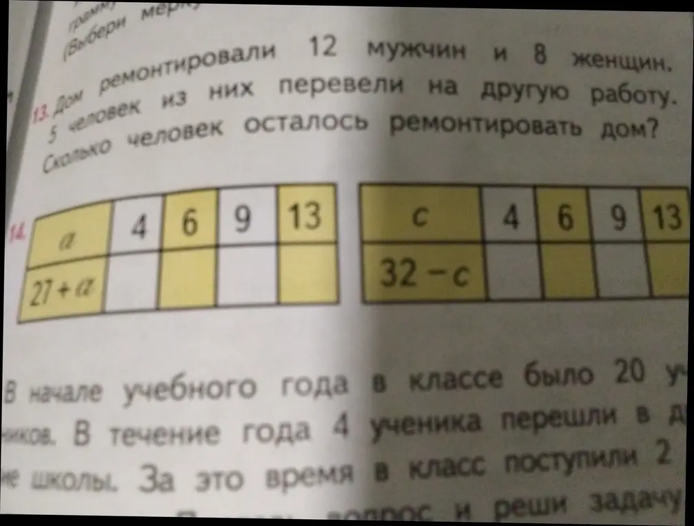 Реши задачу: Дом ремонтировали 12 мужчин и 8 женщин. 5 человек из них перевели на другую работу. Сколько человек осталось ремонтировать дом? Заполни таблицу: если a = 4, 6, 9, 13, то 27 + a = ?; если c = 4, 6, 9, 13, то 32 - c = ?