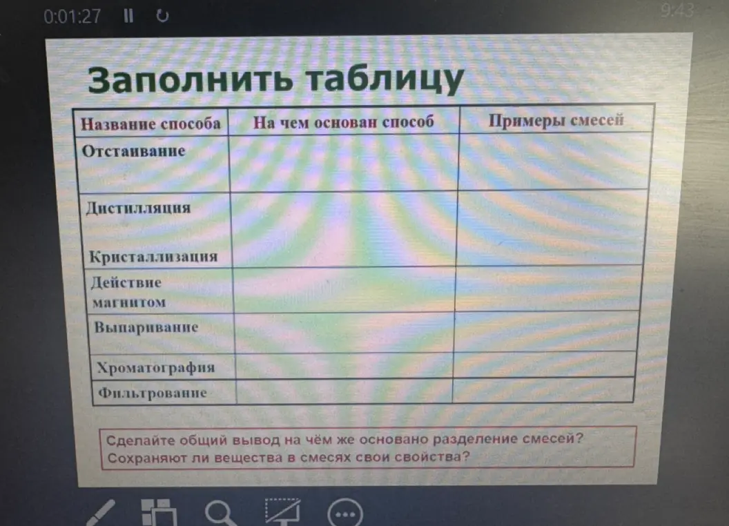 Заполни таблицу: укажи название способа разделения смеси, на чём основан способ и примеры смесей. Сделай общий вывод, на чём основано разделение смесей. Ответь, сохраняют ли вещества в смесях свои свойства?