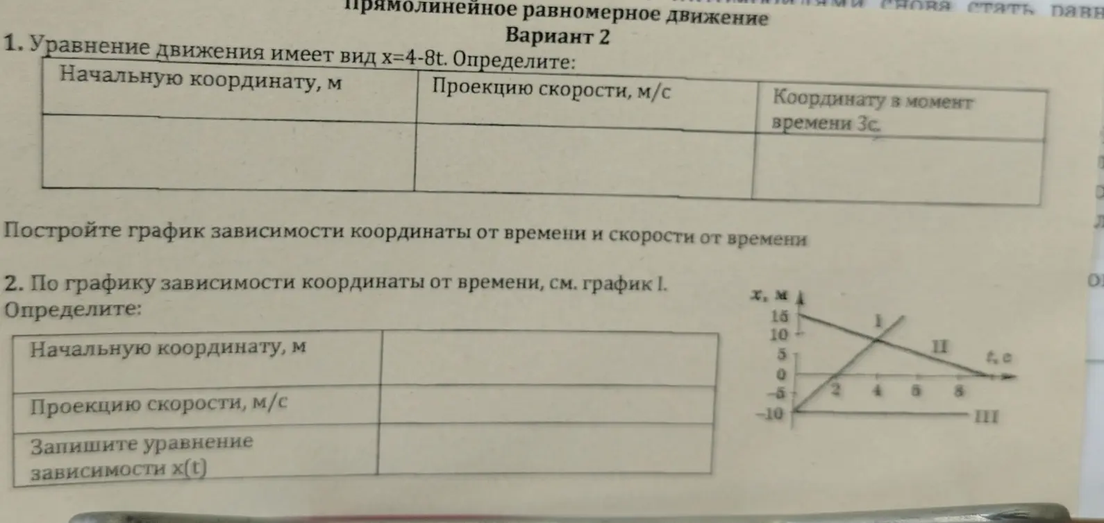Можешь помочь мне определить начальную координату, проекцию скорости и координату в момент времени 3с, если уравнение движения имеет вид х=4-8t?