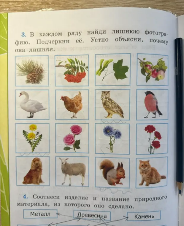 Определи лишнюю фотографию в каждом ряду и соотнеси изделие и название природного материала, из которого оно сделано.